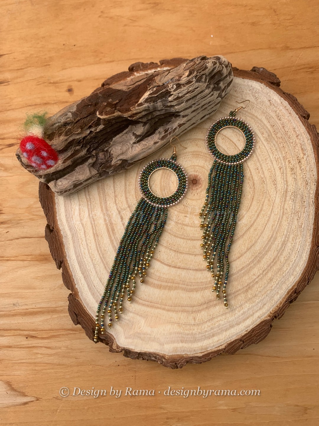 Vakpo Moss Ring Fringe — handmade moss green, olive, gold beaded fringe earrings by Rama, Ghana beads, Duncan BC