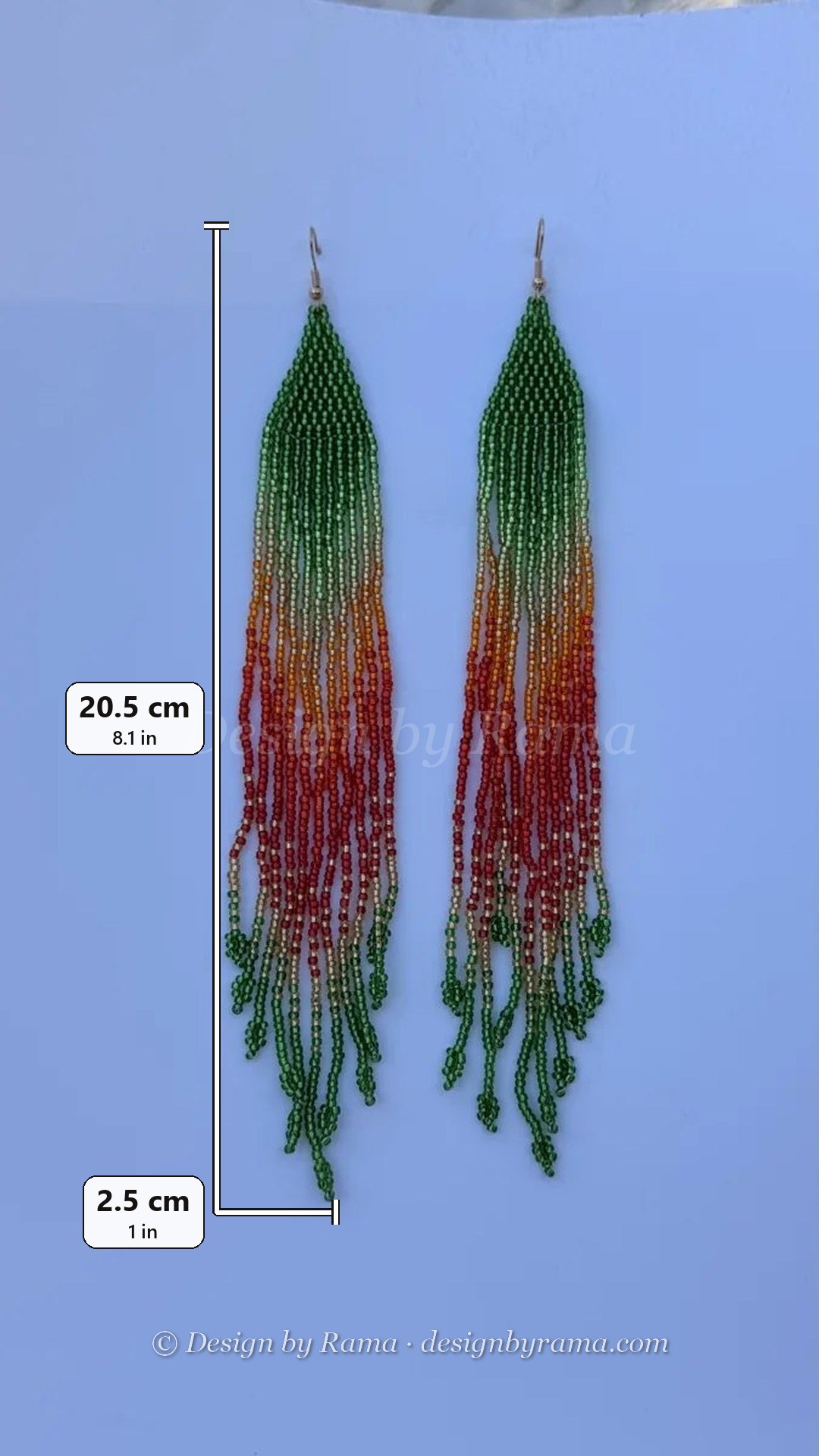 Pair of green-to-red ombre beaded fringe earrings with gold hooks.