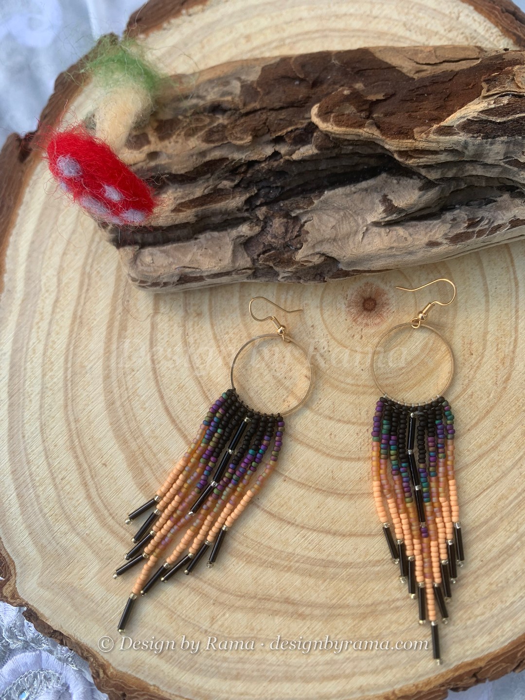 Zuarungu Dusk Hoops — handmade black, pink, peach, purple, gold beaded hoop earrings by Rama, Ghana beads, Duncan BC