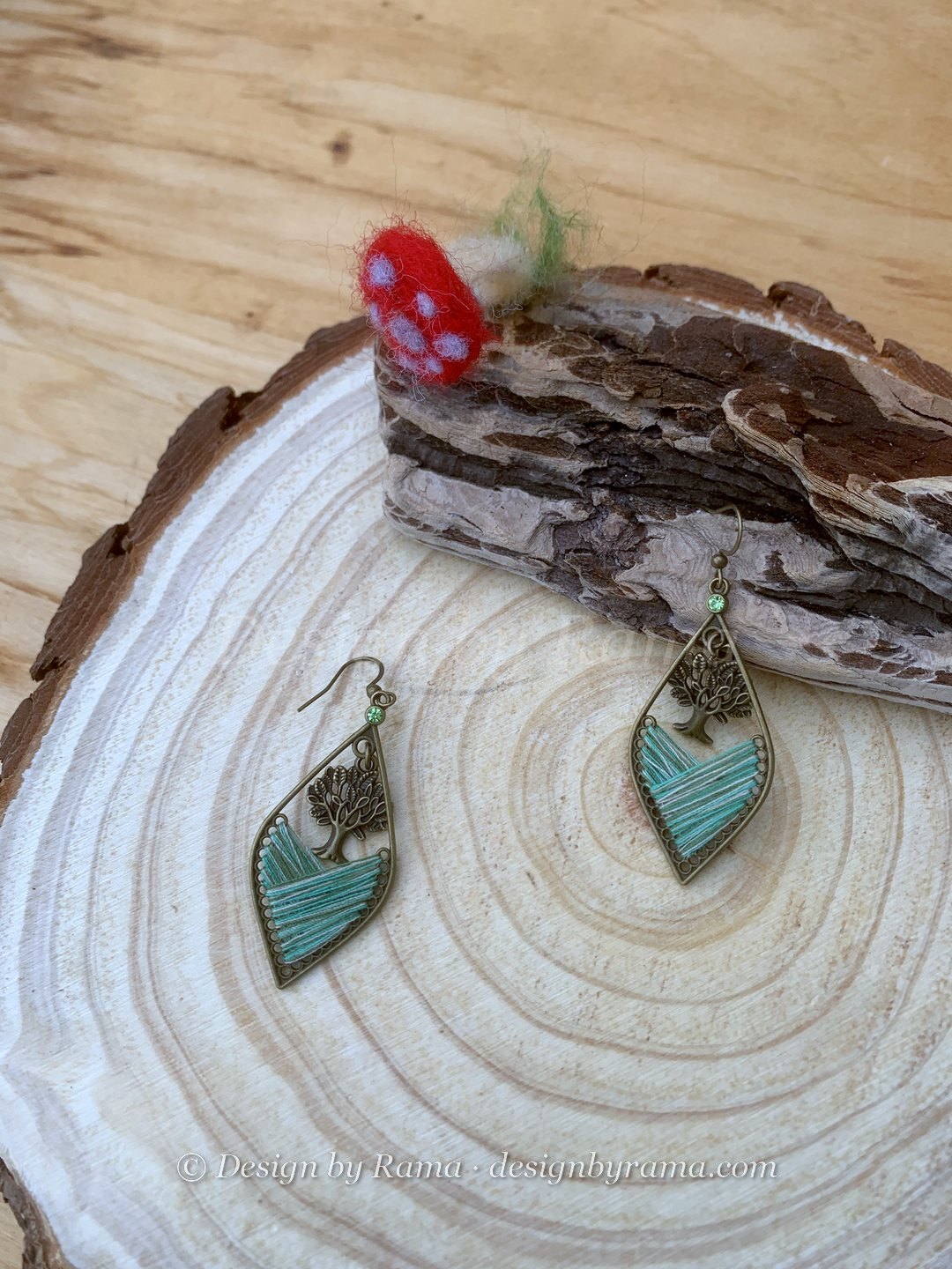 Atewa Tree of Life — mint green, bronze thread earrings, Design by Rama, Duncan BC